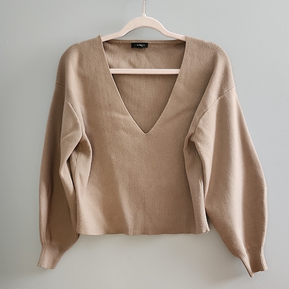 DYNAMITE Beige V-Neck Balloon Sleeve Sweater